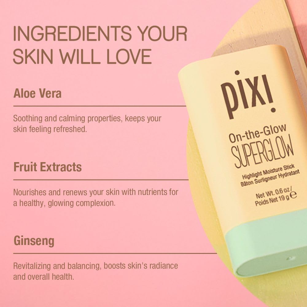 Pixi On-the-Glow SuperGlow | Shade GildedGold | Hydrating Highlighter Stick with Ginseng, Aloe Vera & Fruit Extracts | For Cheeks & Brow Bones | 19g / 0.6oz | Paraben-Free Luminous Natural Highlight - Image 5