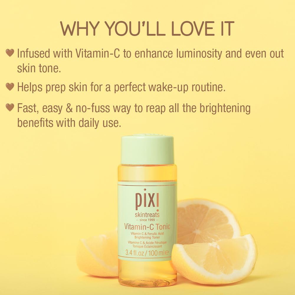 Pixi Vitamin-C Tonic,Brightening & Soothing Facial Toner, Boost Skin Luminosity, Infused with Vitamin-C & Ferulic Acid, Alcohol Free Daily Toner, 100ml / 3.4fl oz Travel Size Skin Care - Image 3